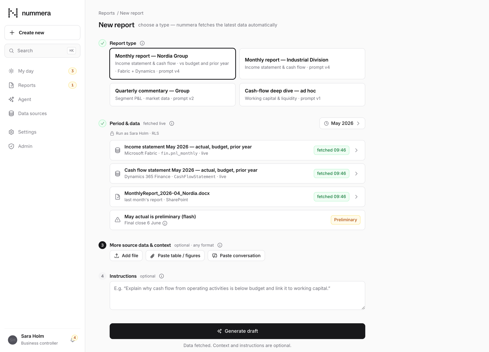 The nummera new-report wizard pulling live data from Microsoft Fabric, Dynamics 365 and SharePoint, run with the user's own row-level security.